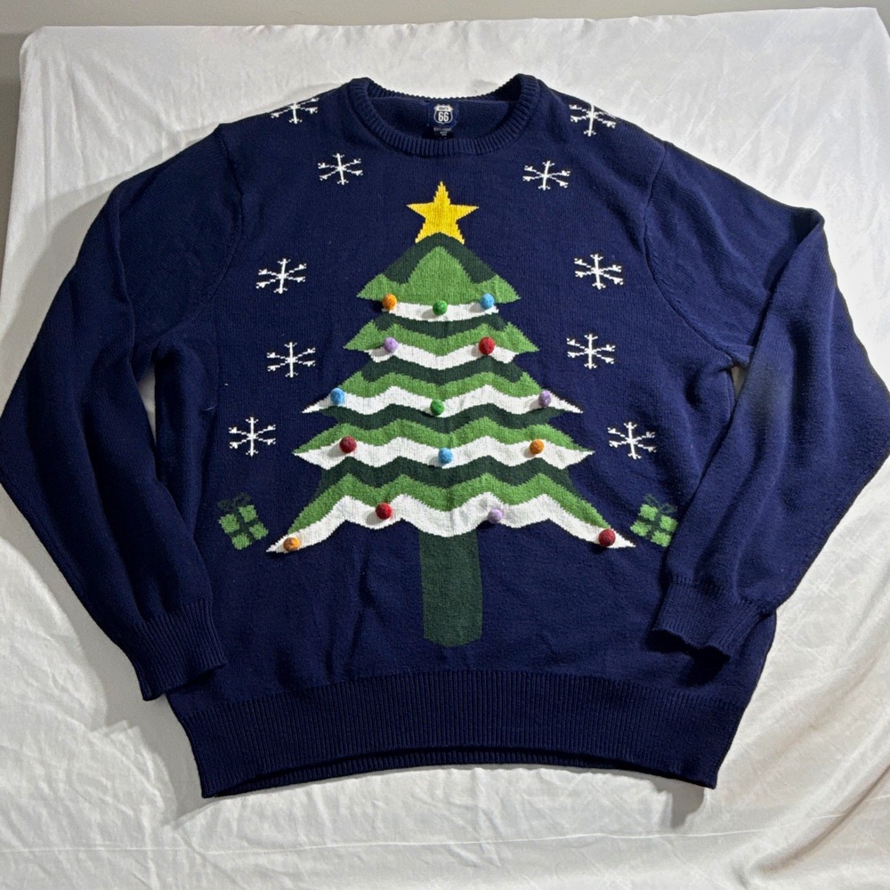 Route 66 Men’s Blue Knit Crew Neck Pullover Christmas Tree Pom Pom Sweater L